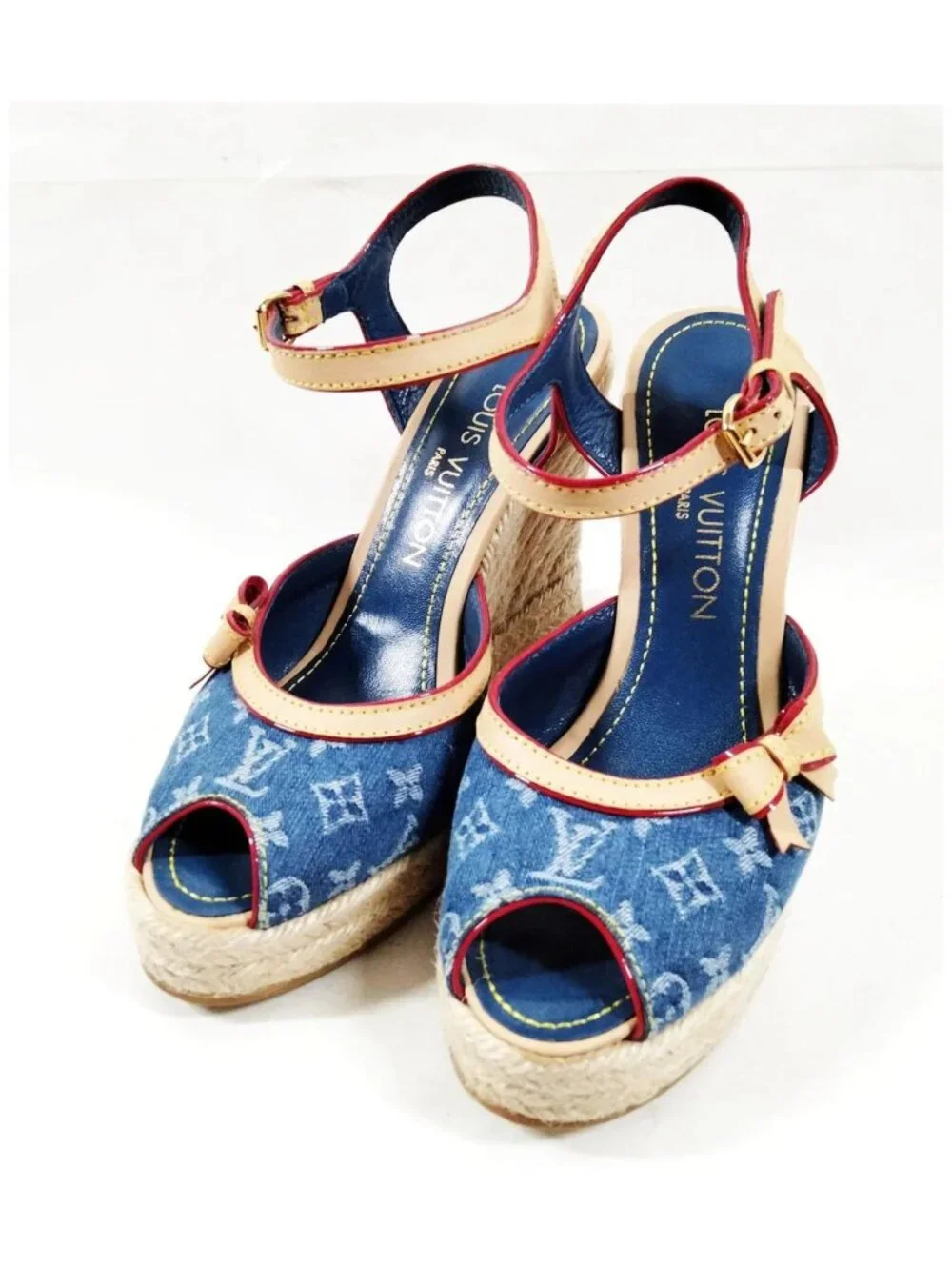 Authentic Louis Vuitton Monogram Denim Espadrille Wedge Sandals